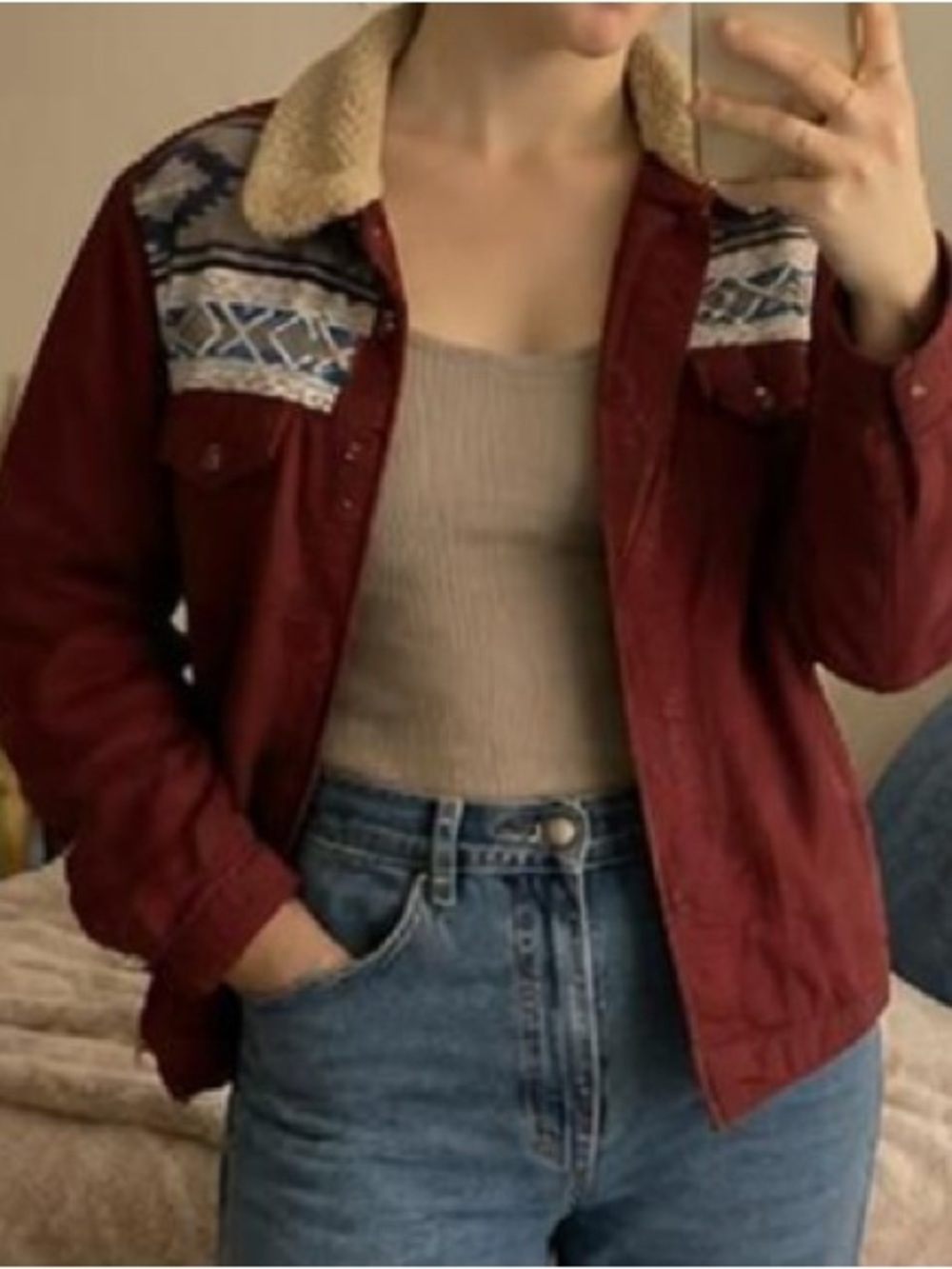 Aeropostale Burgundy Sherpa-Trim Jacket with Aztec Yoke